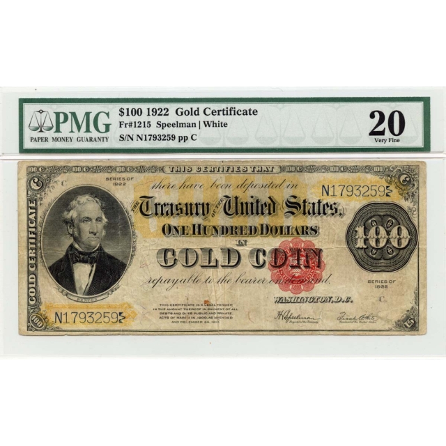 1922 $100 Gold Certificate Small Red Scalloped  Fr# 1215 PMG VF20