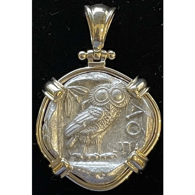 c.440-404 BC ATTICA, ATHENS AR Tetradrachm Owl in 14K Bezel