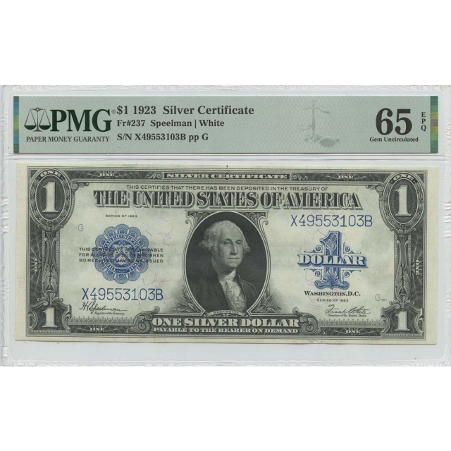 1923 $1 Silver Certificate Blue Speelman White Fr# 237 PMG GEM65 EPQ