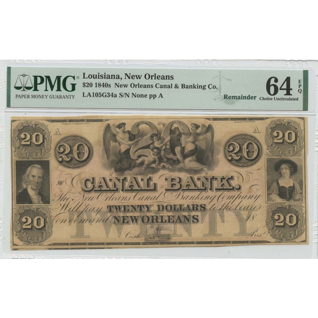1840s $20 Louisiana New Orleans Canal Banking Co  PMG CH64 EPQ