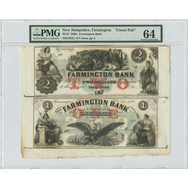1860's $2 & $1 Uncut Pair Farmington Bank NH PMG MS64 Choice Uncirculated