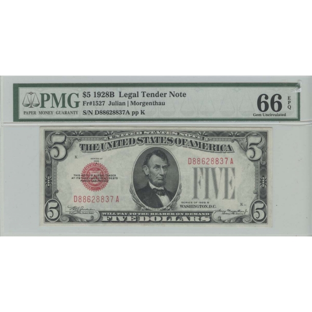 1928B $5 Legal Tender Note PMG Gem Unc EPQ