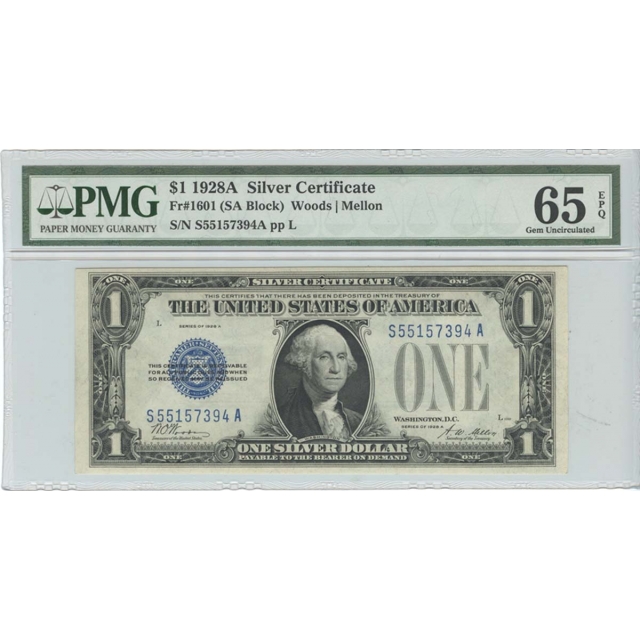 1928A $1 Silver Certificate FR# 1601 PMG 65 Gem Uncirculated EPQ