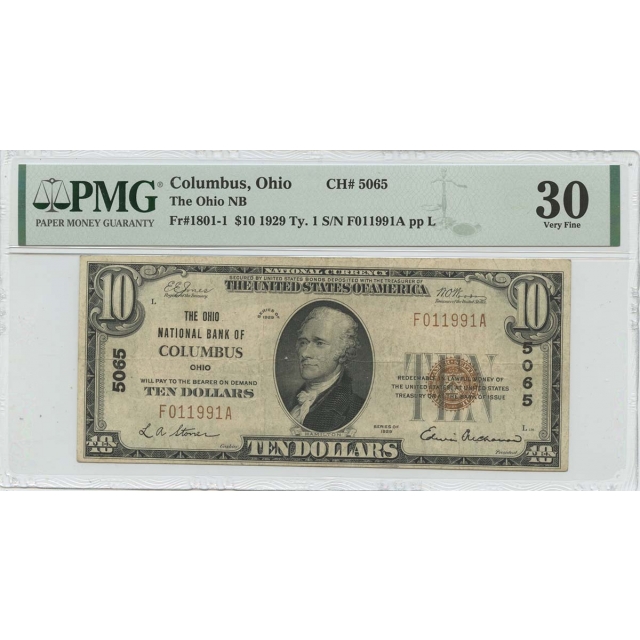 1929 Ty.1 $10 Columbus Ohio NB CH#5065 PMG VF30