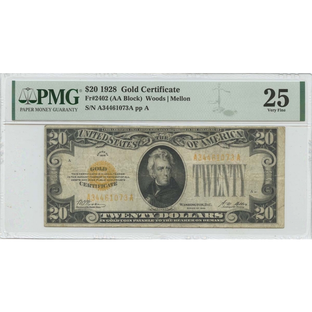 1928 $20 Gold Certificate  Fr# 2402 PMG VF25