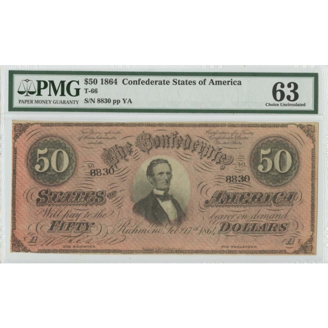 1864 $50 T-66 Confederate Note PMG 63 Choice UNC