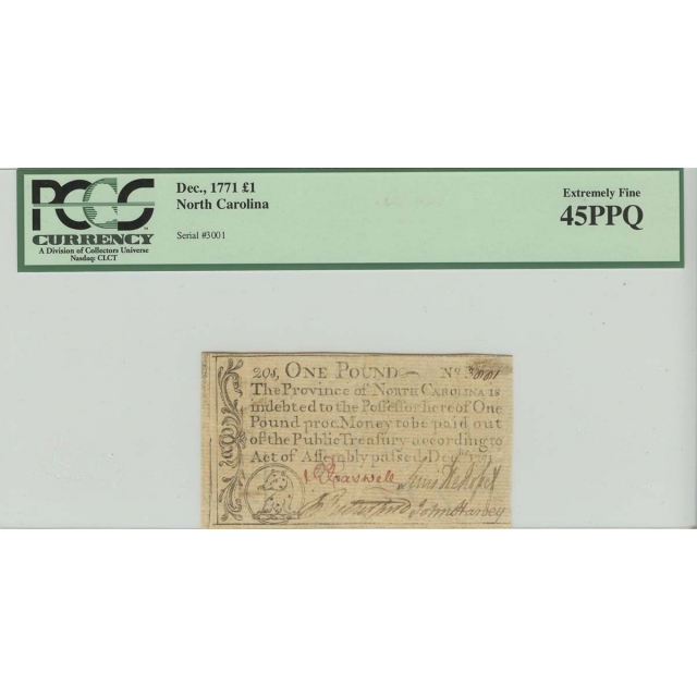 1771 1 Pound Dec, North Carolina Colonial  Note PCGS 45 Extremely Fine PPQ