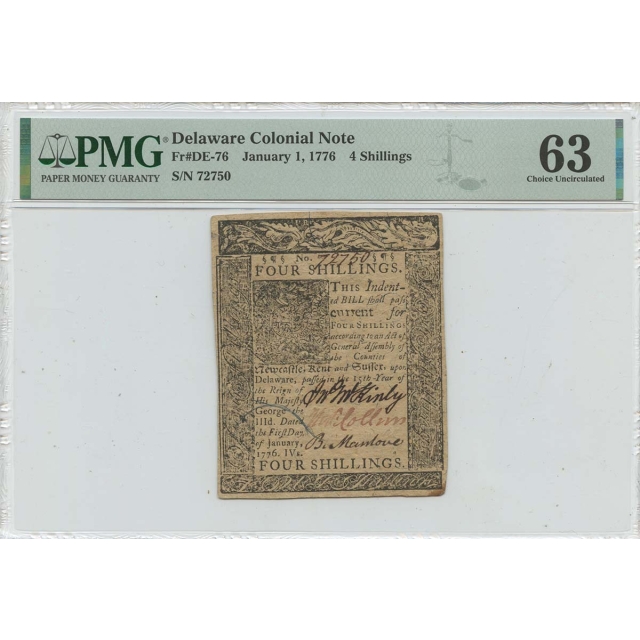 January 1 4 Shillings Delaware Colonial Note 1776 DE-76 PMG CH63