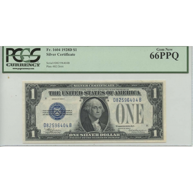 1928D $1 Silver Cert FR#1604 PCGS 66 Gem New PPQ