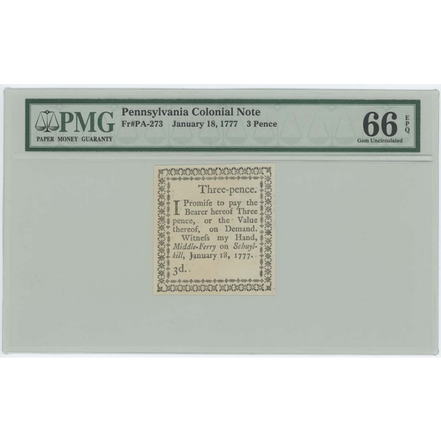 1777 Pennsylvania Colonial Note PA-273-277 Joseph Ogden PMG Gem 66 EPQ 5pc Set
