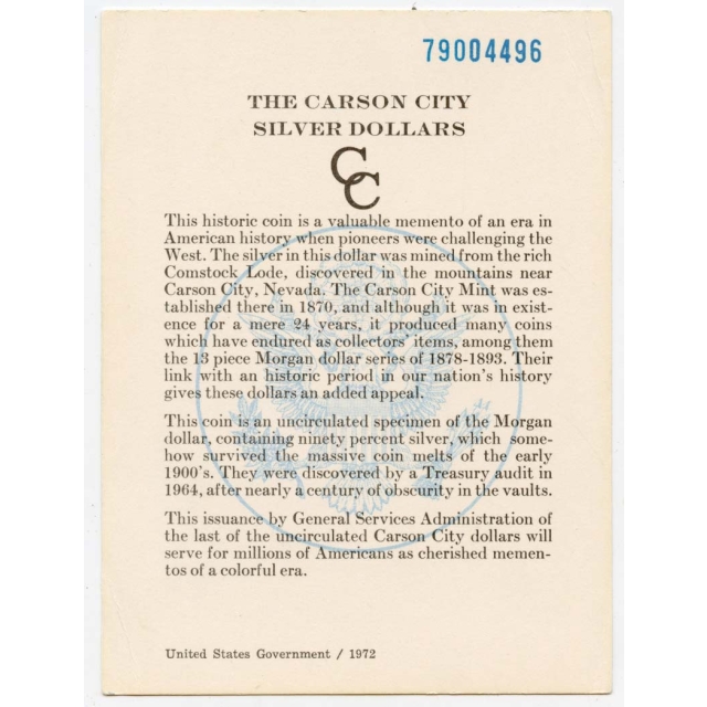 1879-CC Original Morgan Dollar GSA HOARD Card Good Condition 