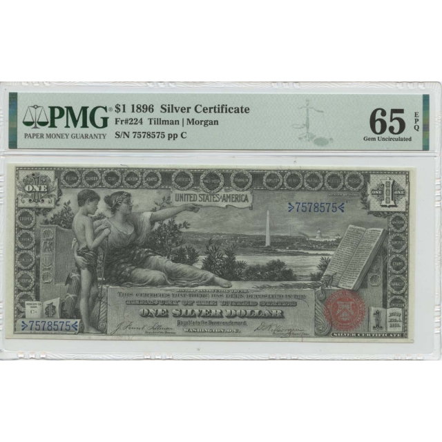 1896 $1 Silver Certificate Small Red w/ Rays Tillman Morgan Fr# 224 PMG 65 EPQ
