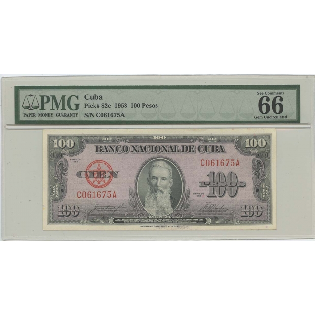 1958 100 Pesos Cuba Pick#82c PMG 66 Gem UNC EPQ