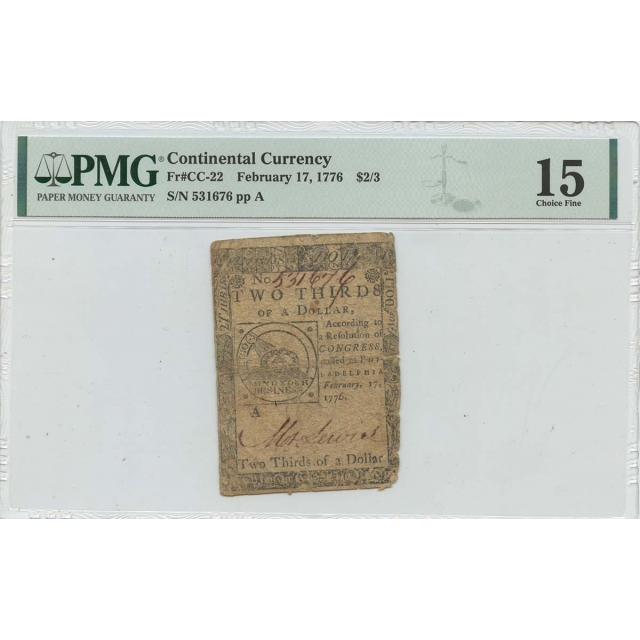 1776 February 17 $2/3 Continental Currency Fugio CC-22 PMG F15