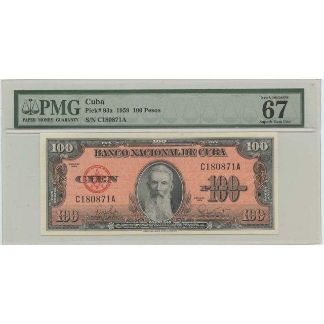 1959 100 Pesos Cuba Pick#93a PMG 67 Superb Gem UNC EPQ