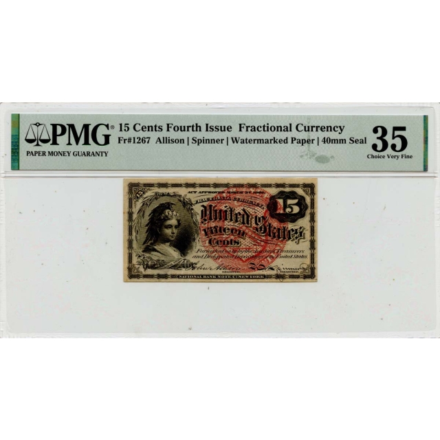 Fourth Issue 15 Cents Fractional Currency Red Seal Fr# 1267 PMG VF35
