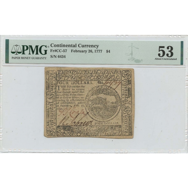 1777 February 26 $4 Continental Currency CC-57 PMG AU53
