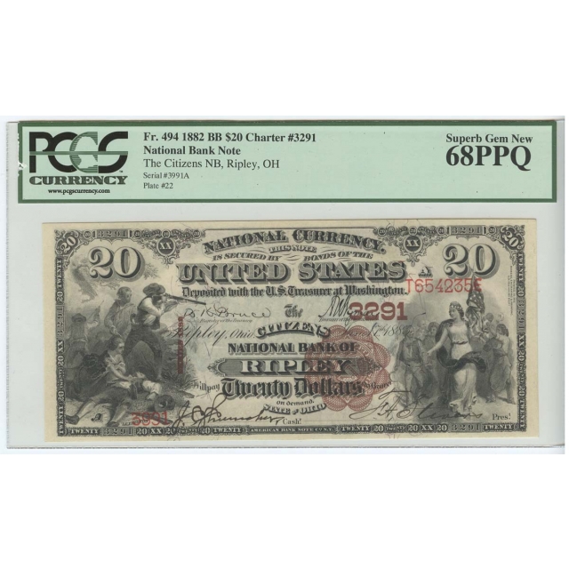 1882 BB $20 National #3291 Ripley, Ohio PCGS 68PPQ Superb Gem New
