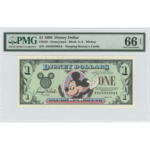 1999 $1 Disney Dollar DIS78 PMG 66 EPQ Sleeping Beauty's Castle