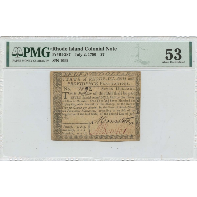 1780 July 2 $7 Rhode Island Colonial Note RI-287 PMG AU53 Issued