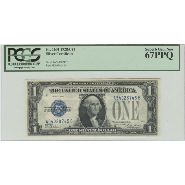 1928A $1 Silver Certificate FR#1601 PCGS 67 PPQ Superb Gem New