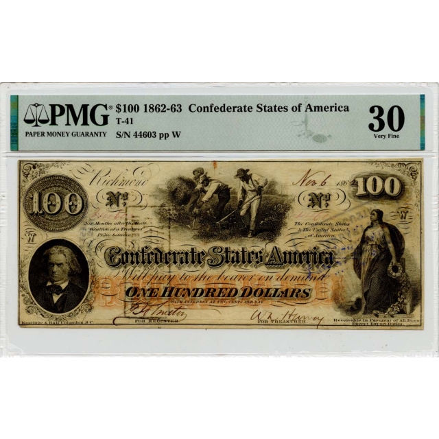 1862-63 $100 Confederate States of America T-41 PMG VF30
