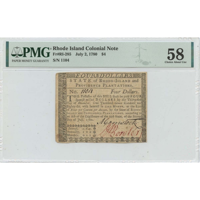 1780 July 2 $4 Rhode Island Colonial Note RI-285 PMG AU58 Issued