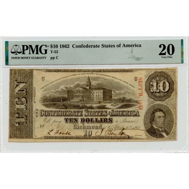 1862 $10 Confederate States of America T-52 PMG VF20