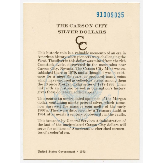 1891-CC Original Morgan Dollar GSA HOARD Card Great Condition