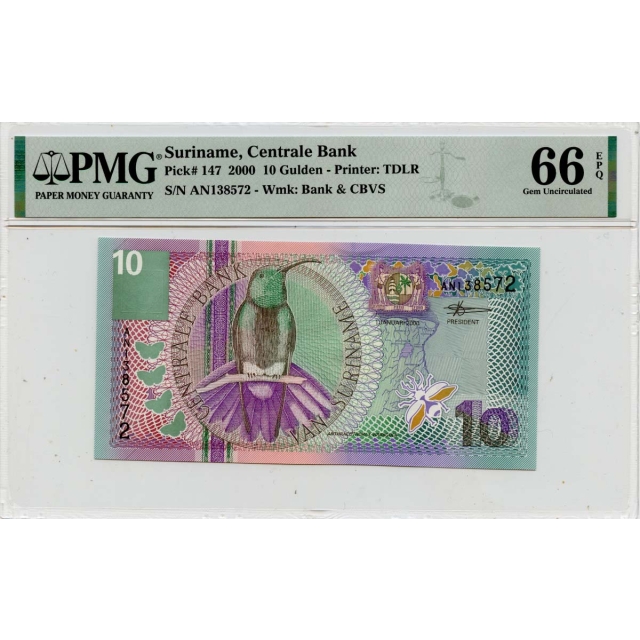 2000 10 Gulden Suriname Centrale Bank Pick# SUR147 PMG 66 EPQ