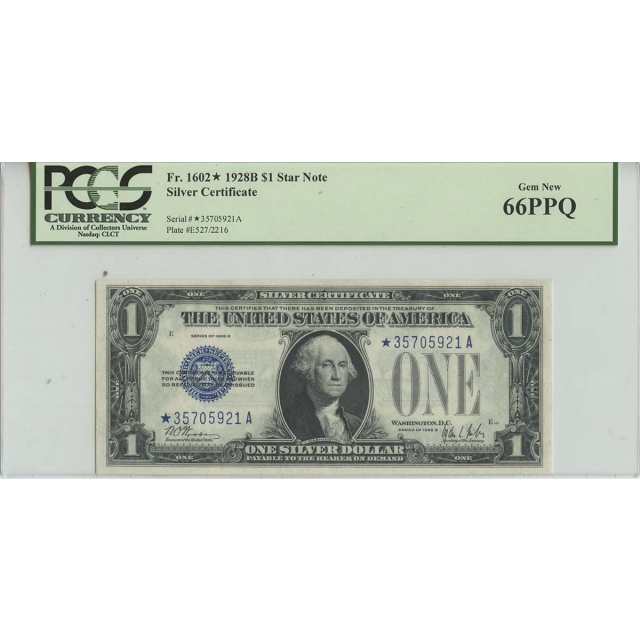 1928B $1 Silver Certificate Star Note FR# 1602* PCGS 66 PPQ Gem New