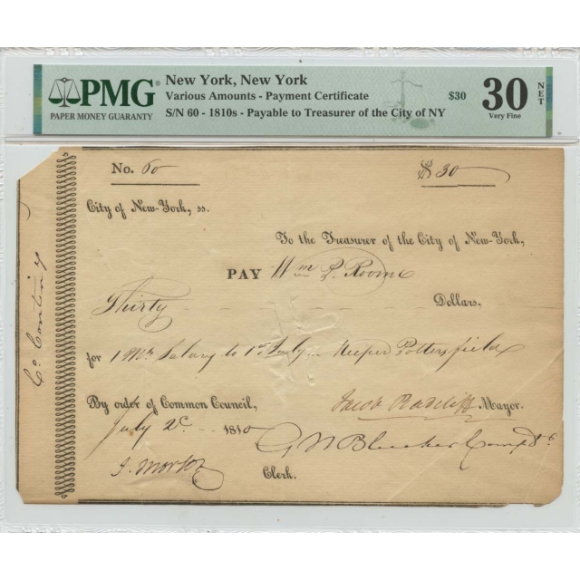 1810s New York Payment Certificate $30 PMG VF30 NET