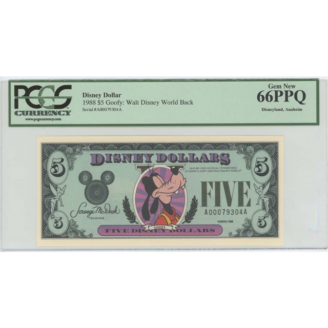1988 $5 Disney Dollar Goofy Walt Disney Back PCGS 66 GEM Anaheim