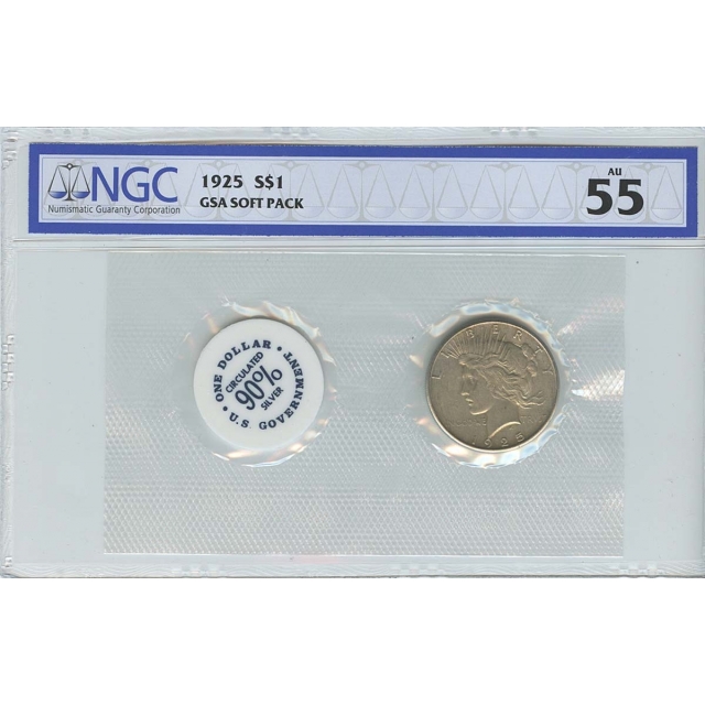 1925 Peace Dollar GSA SOFT PACK S$1 NGC AU55