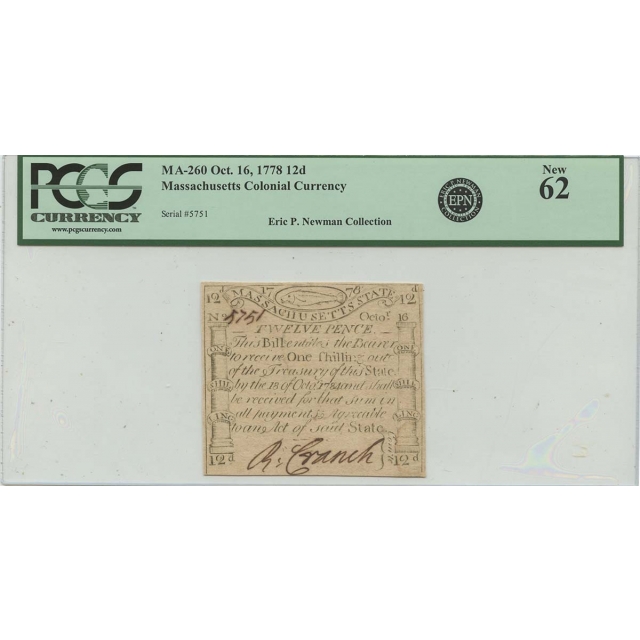 1778 12d Massachusetts Colonial Codfish PCGS MS62 Paul Revere