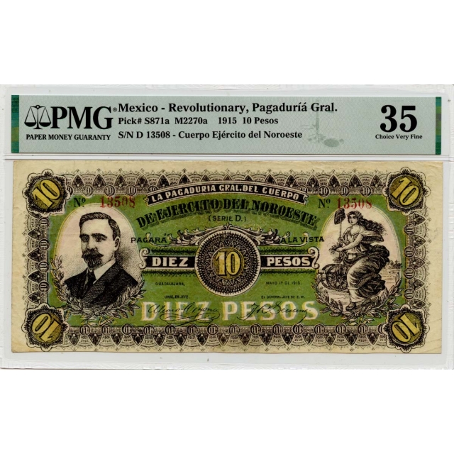 1915 10 Pesos Mexico Revolutionary PMG VF35 Only 1 Graded
