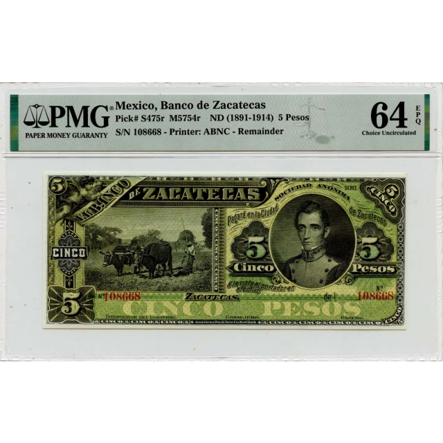  (1891-1914) 5 Pesos Mexico Banco de Zacatecas ABNC PMG CH64 EPQ