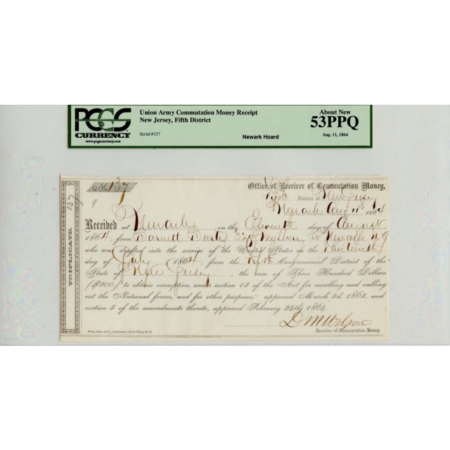 Union Army Commutation Money Receipt Aug 11 1864 PCGS AU53 PPQ