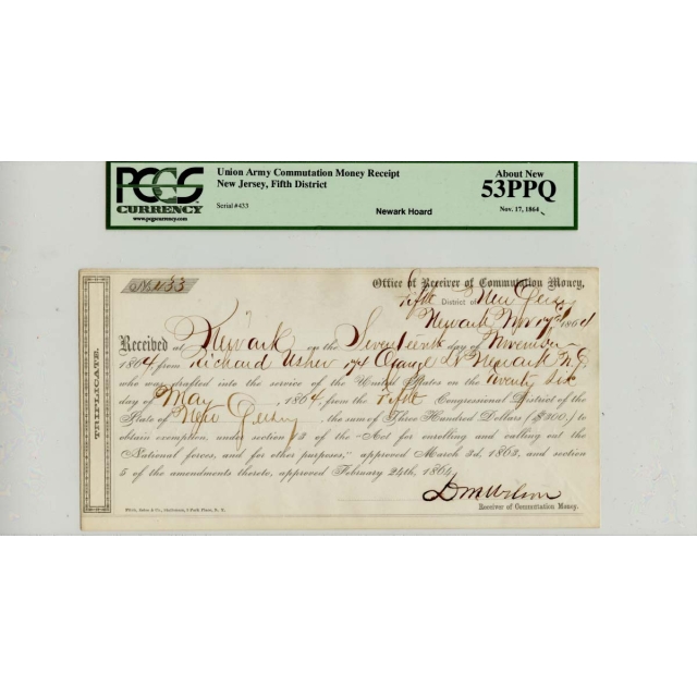 Union Army Commutation Money Receipt Nov 17 1864 PCGS AU53 PPQ