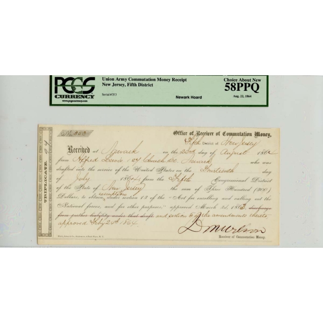 Union Army Commutation Money Receipt Aug 22 1864 PCGS AU58 PPQ