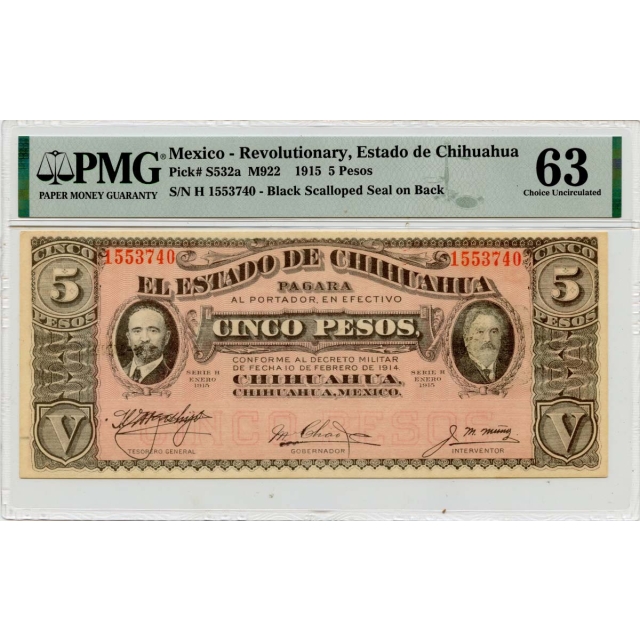 1915 5 Pesos Mexico Revolutionary Estado de Chihuahua PMG CH63