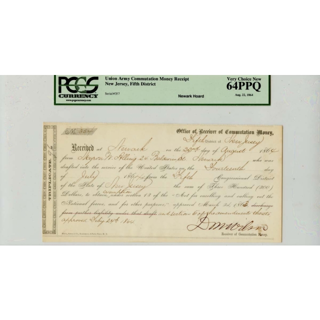 Union Army Commutation Money Receipt Aug 22 1864 MS 64PPQ