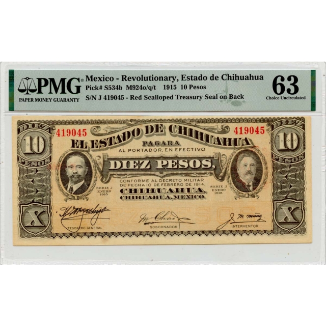 1915 10 Pesos Mexico Revolutionary Estado de Chihuahua PMG CH63