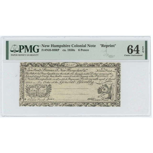 1755/6 New Hampshire 6 Pence NH-89 PMG CU64 EPQ c.1850 Cohen Reprint