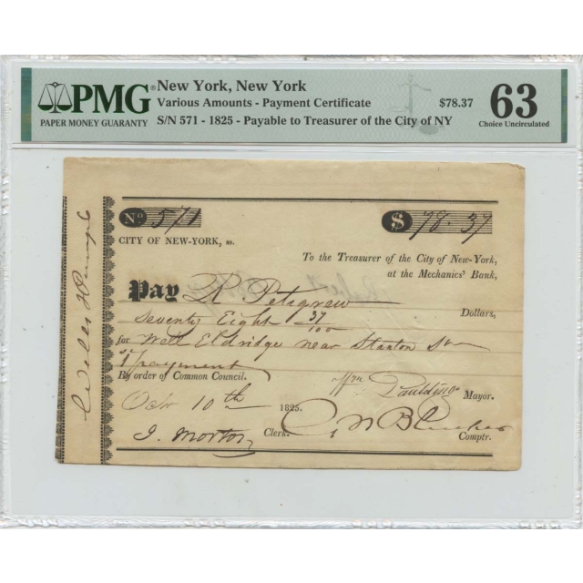 1825 New York Payment Certificate $78.37PMG CH Unc 63