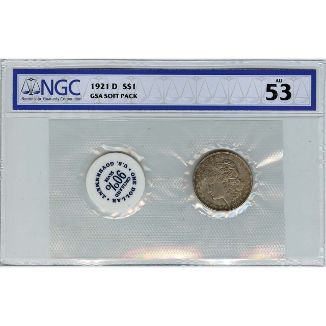 1921-D Morgan Dollar GSA SOFT PACK S$1 NGC AU53