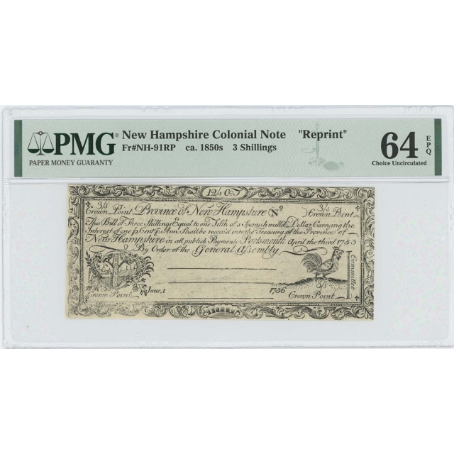 1755/6 New Hampshire 3 Shilling NH-91 PMG CU64 EPQ c. 1850 Cohen Reprint