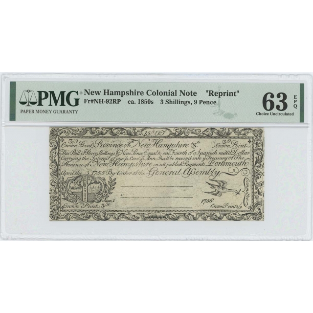1755/6 New Hampshire 3 Sh 9 pence NH-92 PMG CU63 EPQ c. 1850 Cohen Reprint