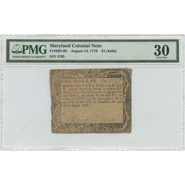 1776 August 14 $1 (4s6d) Maryland Colonial Note MD-96 PMG VF30