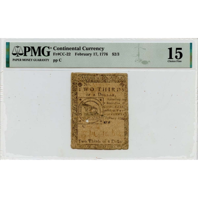February 17 1776 $2/3 Continental Currency CC-22 PMG CH F15